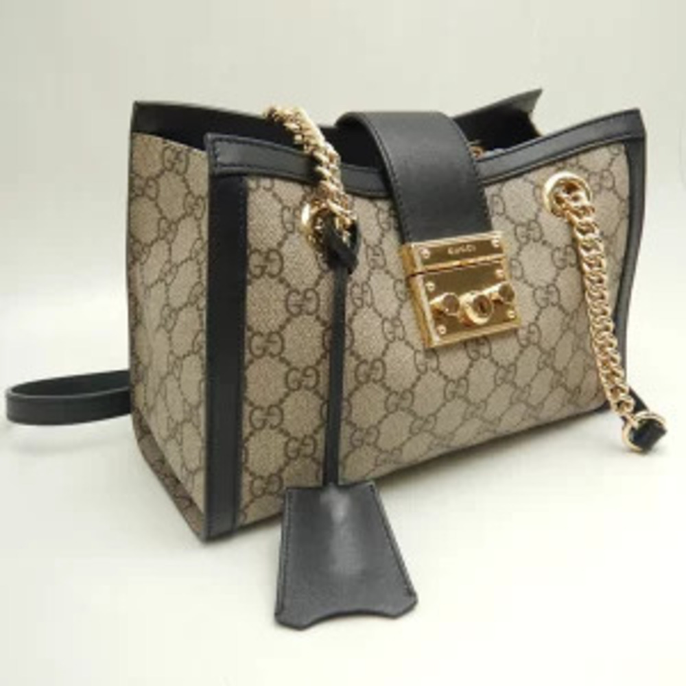 Gucci Canvas Leather GG Supreme Bag Beige Shoulder Padlock Black